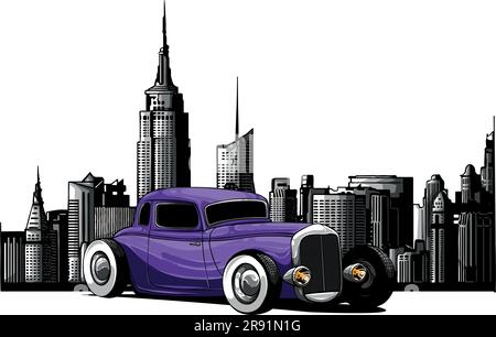 vector illustration of hot rod car with city in background Stock Vector