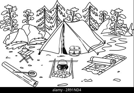 Camping in the woods, style line art Stock Vector