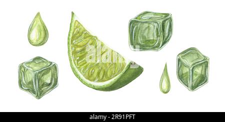 Lime slice, drops, ice cube with lime juice isolated on white background. Botanical illustration of mojito ingredients for menu, cocktail party, flyer Stock Photo