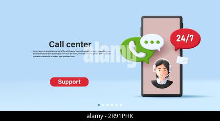 3d render style illustration of call center support person with headset, online assistance chat, smartphone access Stock Vector