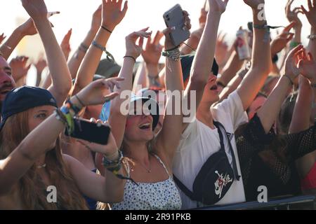 Pilton, Somerset, UK. 23rd June 2023. Joey Bada$$ performing on the West Holts Stage - Glastonbury Festival 2023 Credit: Scott Gouldsbrough/Alamy Live News Stock Photo