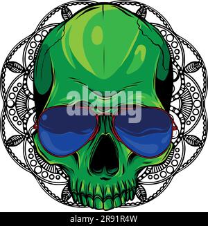 vector illustration of skull with sunglasses and mandala on background Stock Vector
