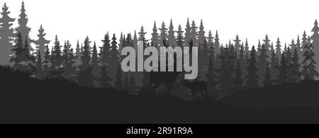 Horizontal banner. Silhouette of deer, doe, fawn standing on meadow in forrest. Silhouette of animal, trees, grass. Magical misty landscape, fog Stock Vector