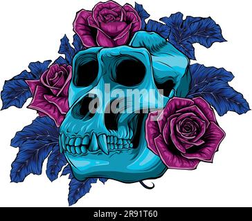 vector illustration of monkey skull with roses Stock Vector