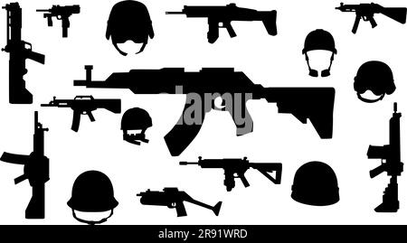 Weapons silhouette set. Collection of various realistic firearms. Isolated assult rifles, sniper rifles, shotguns, handguns, machine guns, historical Stock Vector