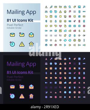 Mailing app pixel perfect RGB color ui icons kit for dark, light mode Stock Vector