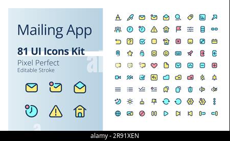 Mailing app pixel perfect RGB color ui icons kit Stock Vector