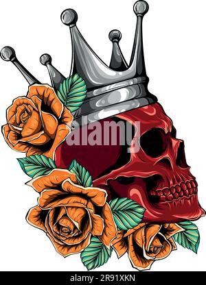 vector illustration of skulls crown and red roses on white background Stock Vector