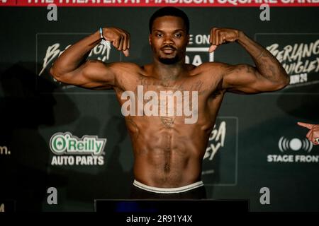 Charlotte, Nc, USA. 23rd June, 2023. New York City, NEW YORK- June 23rd: Khalil Coe weighs in ahead of his fight on Saturday night in the Hulu Theatre at Madison Square Garden, New York City, New York, United States. (Photo by Matt Davies/PxImages) Credit: Px Images/Alamy Live News Stock Photo