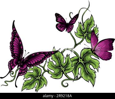 vector illustration of Butterflies and flowers isolated on white Stock Vector