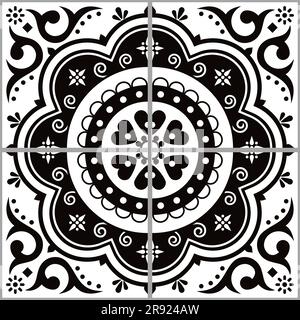 Mexican talavera tiles vector seamless pattern with floral and geometric motif, background inspired by folk art from Mexico in black and white Stock Vector