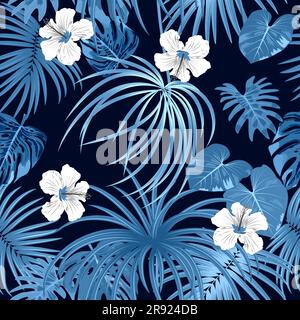 Seamless vector pattern monochrome blue palm tree leaves and white flowers on black background for fabric, textile Stock Vector