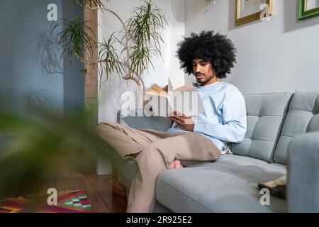 Man reading book sitting on sofa at home Stock Photo