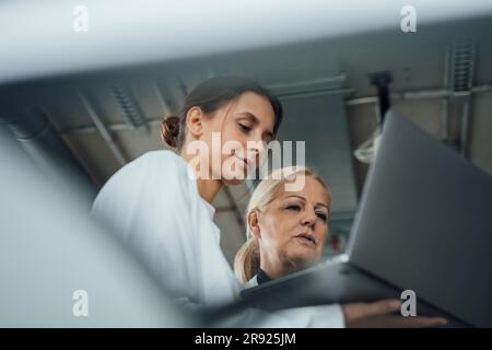Senior scientist with young colleague using laptop Stock Photo