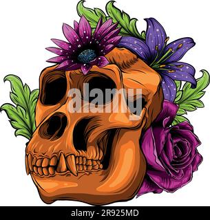 vector illustration of monkey skull with flower Stock Vector
