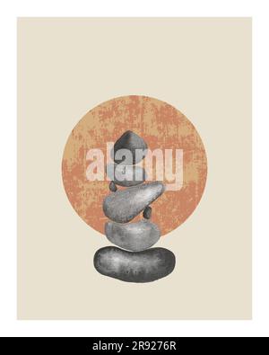 Stones watercolor monochrome hand drawn, poster orange minimalist design elements in Boho style . Wall art, home deco. Vector illustration Stock Vector