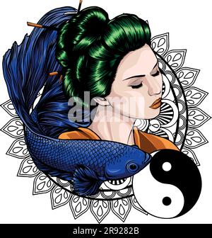 vector illustration of Japanese geisha with betta fish Stock Vector