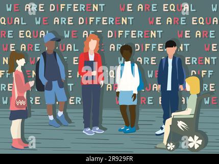 Multi-ethnic group of teenagers. Students and friends. Diversity people. Girl with disability. We are different - We are equal concept Vector Stock Vector