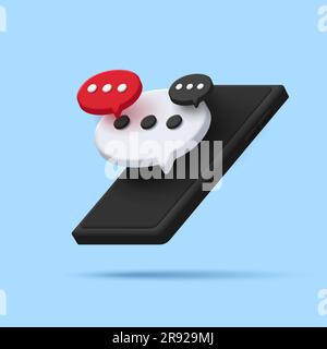 Speech, dialogue bubbles in perspective poping up from a black smartphone, 3d render rounded icon Stock Vector