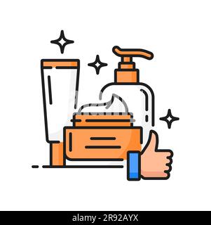 Face and hands skin care products line icon. Dermatology and woman beauty products, face and hands skincare cosmetics outline vector icon. Skin moisturizer cream, lotion or shampoo thin line pictogram Stock Vector