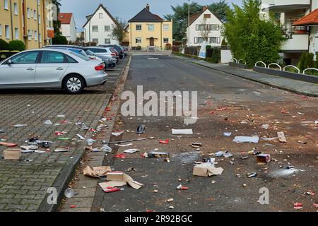 remains of the sylvester night on a street, Germany, Hesse, Kelsterbach Stock Photo