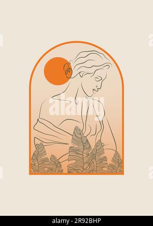Linear aesthetic illustration with young woman poster. Neutral boho art Stock Vector