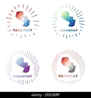 Paraguay low poly sunburst set. Logo of country in geometric polygonal style. Vector illustration. Stock Vector