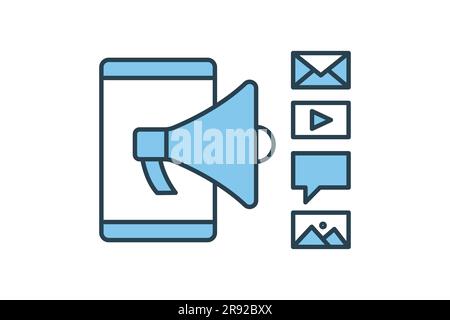 Social media icon and digital marketing. Mobile phone, megaphone, message, chat, Video. icon related to digital marketing. Flat line icon style design Stock Vector