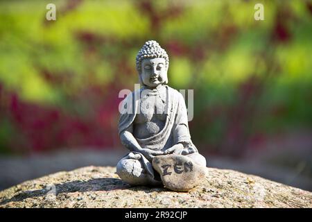 Buddha figure in nature on a stone with the word ZEN Stock Photo