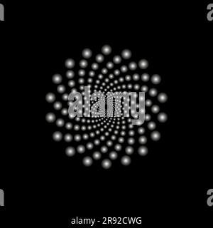 Vortex of points swirled to the center diminishing in perspective. Abstract logo design. Digital geometric design element isolated on black Stock Vector