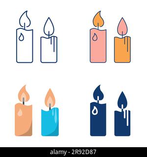 Two burning candles icon set in flat and line style. Holiday decoration, cosy home decor, memorial symbol. Vector illustration. Stock Vector