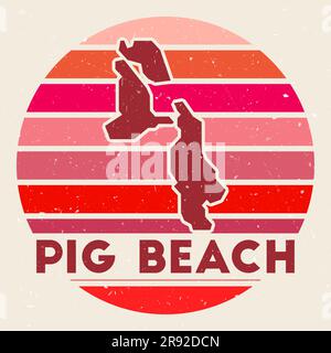 Pig Beach logo. Sign with the map of island and colored stripes, vector illustration. Can be used as insignia, logotype, label, sticker or badge of th Stock Vector