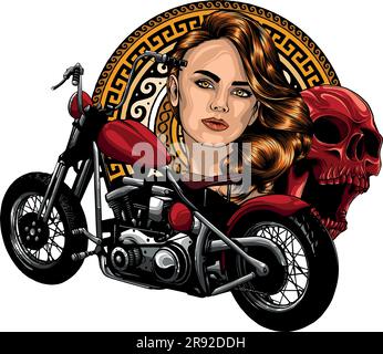 vector illustation of chopper motorcycle with skull and woman head Stock Vector
