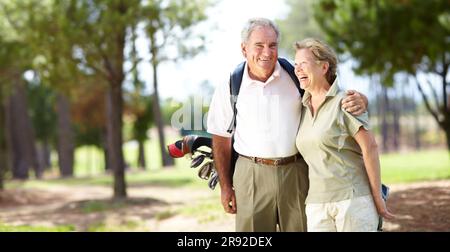 Happy old couple, hug or portrait of golfers in fitness workout, exercise or round on course or field. Embrace, elderly man hugging, laughing or Stock Photo