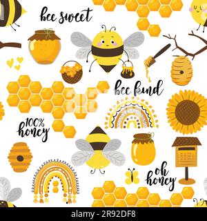 Cute honeybees seamless pattern with several quotes. Seamless background with bumble bees. Simple pattern. Vector illustration. Stock Vector