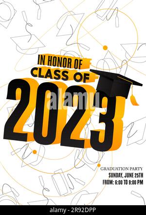 Party in honor of class of 2023 Graduates. Vector design invitation card for college graduate template. Graduation event, greeting, yearbook backgroun Stock Vector