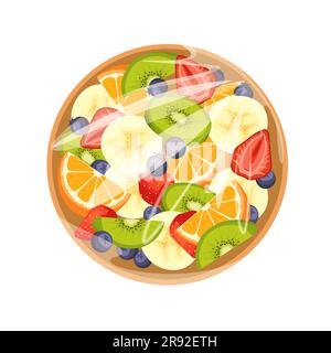 Fruit salad in a plastic container or tray with cellophane cover. Healthy food mockup. Cardboard cup with lid. Top view. Vector illustration. Stock Vector