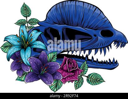 Vector illustration of dinosaur dilophosaurus skull with tropical flowers Stock Vector