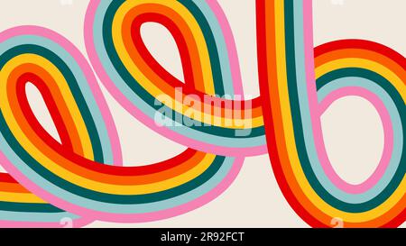 Abstract vector hand drawn background with copy space and rainbow colored stripes. Trendy groovy panoramic template for design banner, advertisements Stock Vector