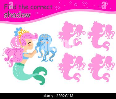 Find the correct shadow game with mermaid and octopus. Kids entertainment game. Cute cartoon mermaid. Shadow matching. Activity, logic game, learning Stock Vector