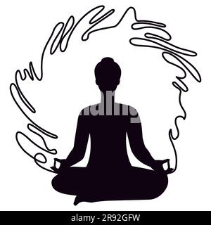 Yoga in silhouette Person practicing yoga in lotus meditative pose and trying to calm down Black vector illustration Isolated on black background Stock Vector