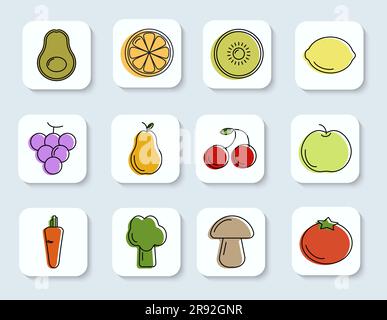 Icons collection Outline vegetarian and healthy food illustrations Design element for web or app Isolated vector Stock Vector