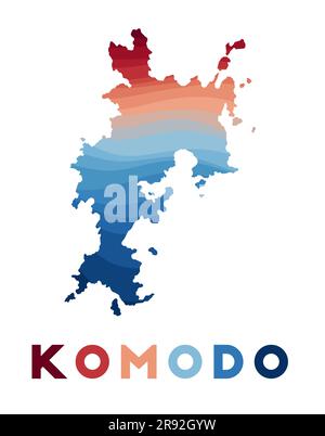 Komodo map. Map of the island with beautiful geometric waves in red and blue colors. Vivid Komodo shape. Vector illustration. Stock Vector