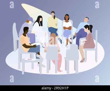 Support group for people with mental illnesses Group therapy session. Multi-ethnic group of people counseling with psychologist Stock Vector