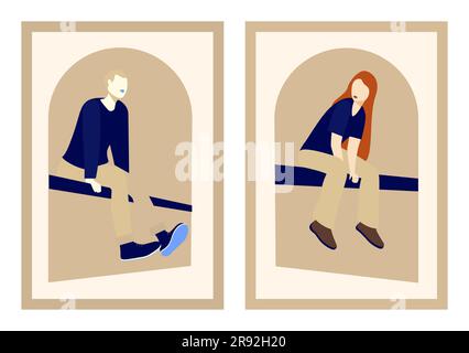 Man and girl sitting on the balcony railing. Faceless people portraits. Vertical vector illustration. Isolated on white background Stock Vector