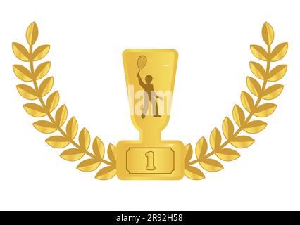 Golden metallic trophy cup with golden laurel. Tennis first place winner award Stock Vector