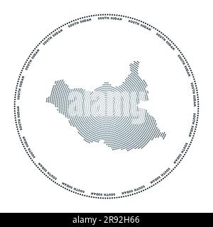 South Sudan round logo. Digital style shape of South Sudan in dotted circle with country name. Tech icon of the country with gradiented dots. Radiant Stock Vector