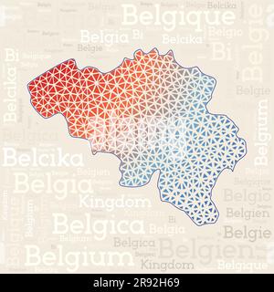 Belgium map design. Country names in different languages and map shape with geometric low poly triangles. Classy vector illustration of Belgium. Stock Vector