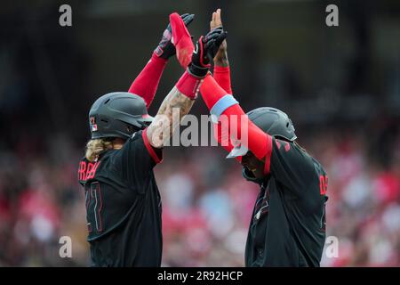 Cincinnati Reds' Kyle Farmer (17) reacts after being hit by a pitch during  a baseball game against the Atlanta Braves Saturday, July 2, 2022, in  Cincinnati. (AP Photo/Jeff Dean Stock Photo - Alamy