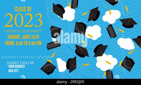 Party in honor of class of 2023 Graduates. Vector design invitation card for college graduate template. Graduation event, greeting, yearbook backgroun Stock Vector